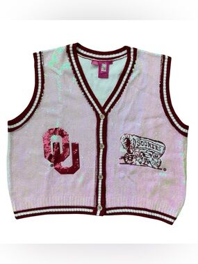 Queen of Sparkles Oklahoma Sooners Sequin Vest Crop Top Pink Iridescent Game Day
